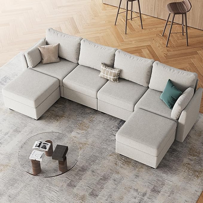 114.17" Modular Sectional Sofa, 6 Seat Sectional Couches with Storage, Memory Foam, Convertible Modular Couch for Living Room, U Shaped Comfy Modular Sofa with Chaise, Light Grey