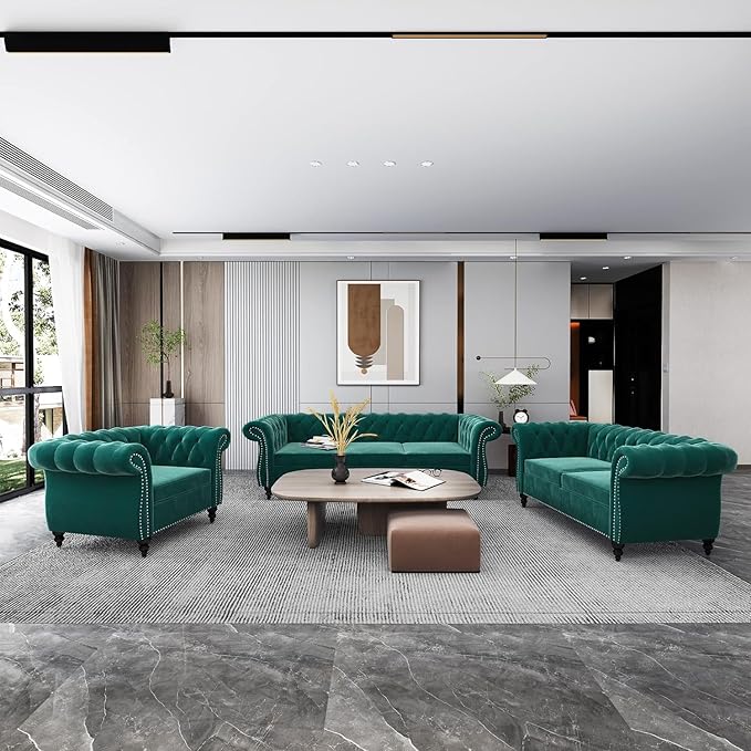 Living Room Chair, Modern Velvet Chesterfield Sofa Chair, Mid Century Single Sofa Couch Chair with Tufted Back and Rolled Arms, Accent Sofa Chair for Living Room Apartment, Green