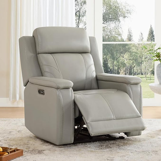Watson & Whitely Genuine Leather Electric Recliner Chairs for Adults, Lay Flat Recliner with Power Headrest & Chargers for Living Room, Light Grey