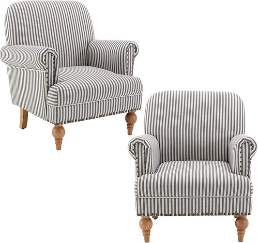 Linen Accent Chairs Set of 2 Mid-Century Modern Living Room Armchair with Nailhead Trim & Wood Legs Comfy Upholstered Single Sofa Chair for Lounge/Bedroom/Reception, Black Stripe