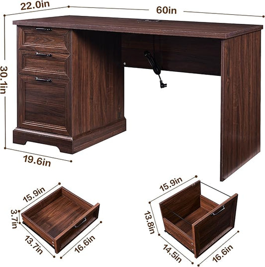 60" Farmhouse Executive Desk with Charging Station,Home Office Desk with 2 Drawers &1 File Cabinet,Fluted Computer Desk for Office and Home (Walnut)