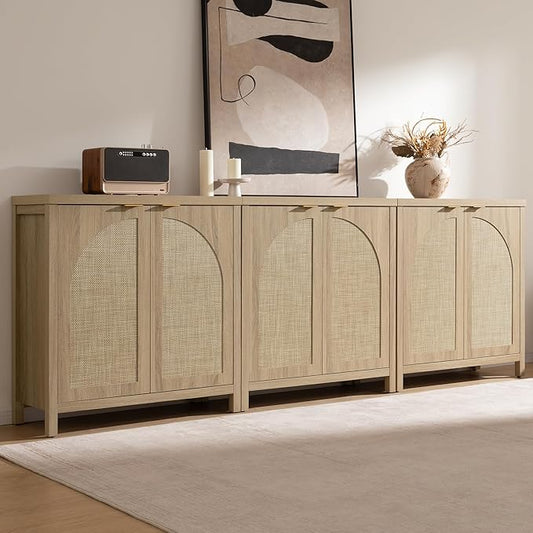 SICOTAS 102"W Rattan Sideboard Buffet Cabinet Set of 3, Mid Century Modern Credenza Storage Cabinet with Arch Doors & Shelves Boho Coffee Bar Media Console Cabinets for Kitchen, Living Room, Entryway