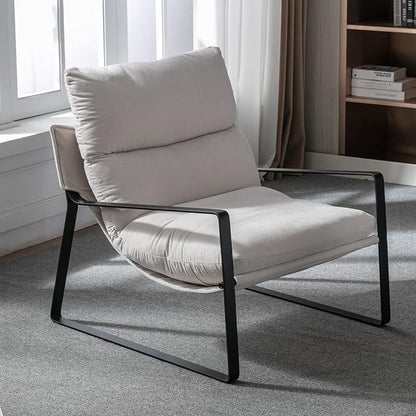 Mid-Century Accent Chair Set of 2, Comfy Side Chair with Armrest Chenille Fabric, Upholstered Leisure Chair with Black Metal Frame for Living Room Bedroom Reception Room, White