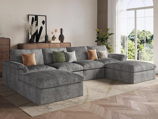EASE MOOSE Boneless Modular Cloud Couch, U-Shaped Oversized Sectional Sofa for Living Room with Ottoman, Extra Large Movable Couches, 6-Deep-Seat Sofas for Bedroom, Apartment, Chenille (Grey)