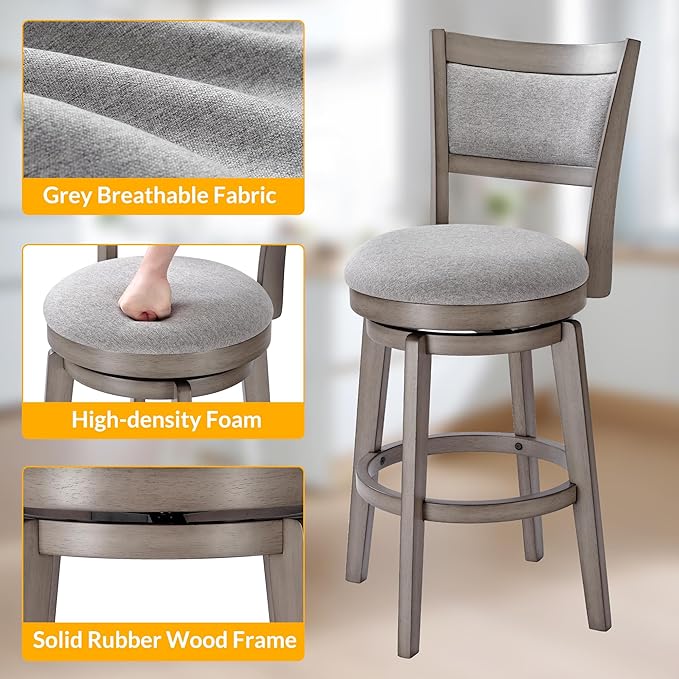 PrimeZone Swivel Bar Stools Set of 6, 26 Inch Counter Height Barstools, High Back Bar Stool with Solid Wood Legs & Wrap-Around Footrest, Counter Stools for Kitchen Island, Pub, Grey