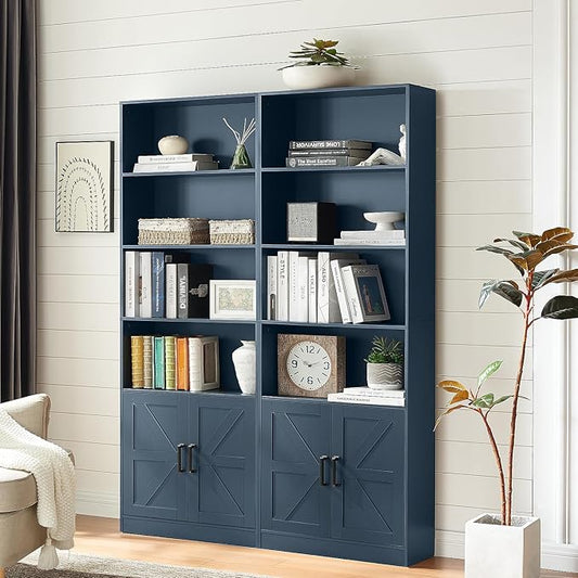 70in Tall Bookshelf 6 Tier Bookcase with Barn Doors and Adjustable Shelf, Blue Farmhouse Book Shelves with Storage Cabinet, Wood Floor Standing Display Bookshelve for Bedroom,Living Room,Kitchen