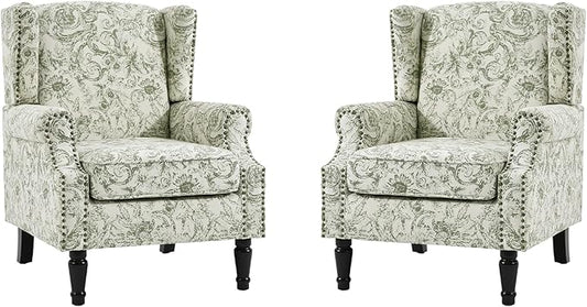 Wingback Accent Chairs Set of 2, High Back Upholstered Armchair, Printed Fabric Wingback Arms Chairs with Wood Legs, Single Sofa Reading Chair for Bedroom Living Room, Green Pattern