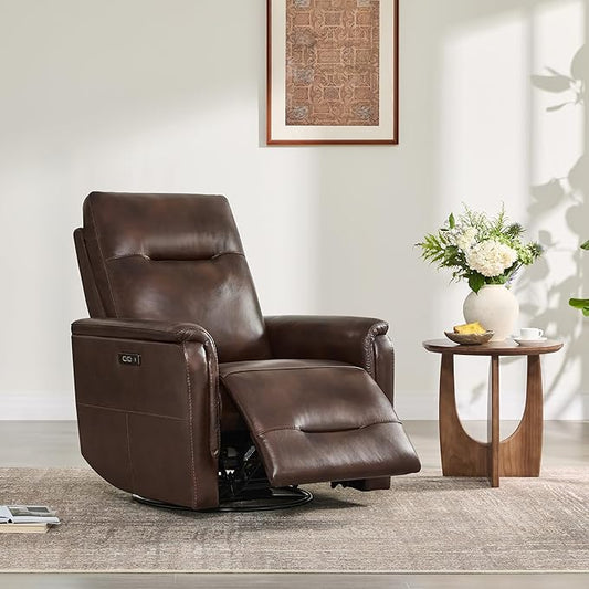 Watson & Whitely Genuine Leather Power Recliner Chairs W Power Headrest for Adults, Swivel Glider Recliner Chair W Charging Ports for Living Room, Dark Brown