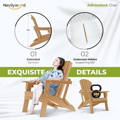 nevilywood Folding Adirondack Chair - Extended Ergonomic Backrest, Cup Holder - Easy Assembly - Durable HDPE Plastic, Weather Resistant & Maintenance-Free - Lawn, Patio, Deck Supports 380lbs Teak