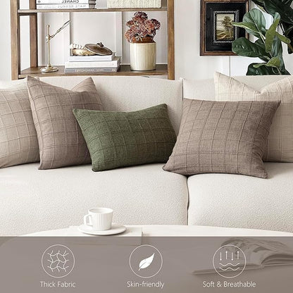 Foindtower Set of 2 Decorative Linen Check Throw Pillow Covers Neutral Farmhouse Vintage Cushion Covers Modern Boho Home Decor for Sofa Chair Couch Bedroom Living Room,18×18 Inch,Tan Taupe