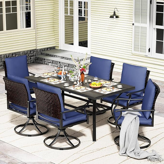 LEVELEVE 7 Piece Outdoor Patio Dining Set with 6 Swivel Dining Chairs & 1 Large Round Dining Table,Bistro Furniture Set for Lawn, Garden, Deck, Backyard and Porch
