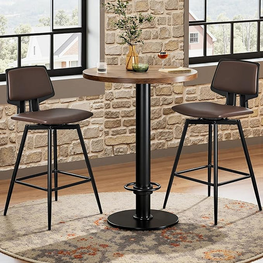 VECELO Swivel Leather Bar Stools Set of 2, Counter Height Barstools with Back, Metal Legs, 35.2-Inch Tall Barstools for Kitchen Island, Home Bar, Cafe, Brown