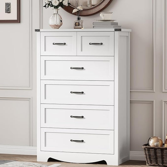 Dresser for Bedroom with 6 Drawers, 49" Tall Wood Chest of Drawers with Deep Drawers & Mental Handle, Modern Dresser TV Stand, Wooden Closet Storage Organizer for Living Room, Hallway, Entryway, White