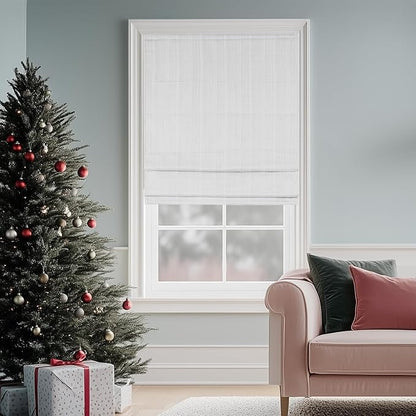 Madison Park Galen Cordless Roman Shade, 29"W x 64"H, Sheen White – Room Darkening, Thermal Insulated, Energy Efficient Window Blind with Subtle Sheen Basketweave Fabric for Privacy