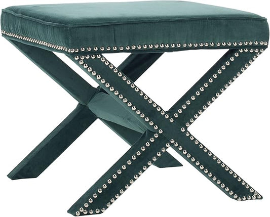 SAFAVIEH Home Collection Palmer Marine with Silver Nailhead Trim X-Bench Ottoman Foot Stool, Fully Assembled (MCR4589U)