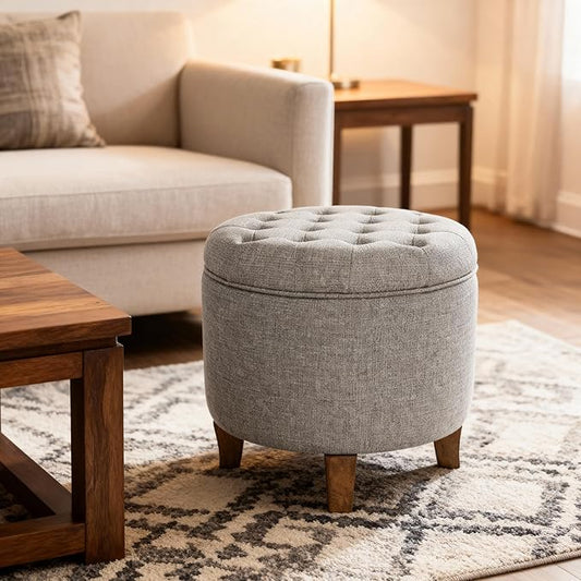 Homepop Home Decor | Upholstered Round Tufted Foot Rest Ottoman | Ottoman with Storage for Living Room & Bedroom | Decorative Home Furniture, Gray Fabric