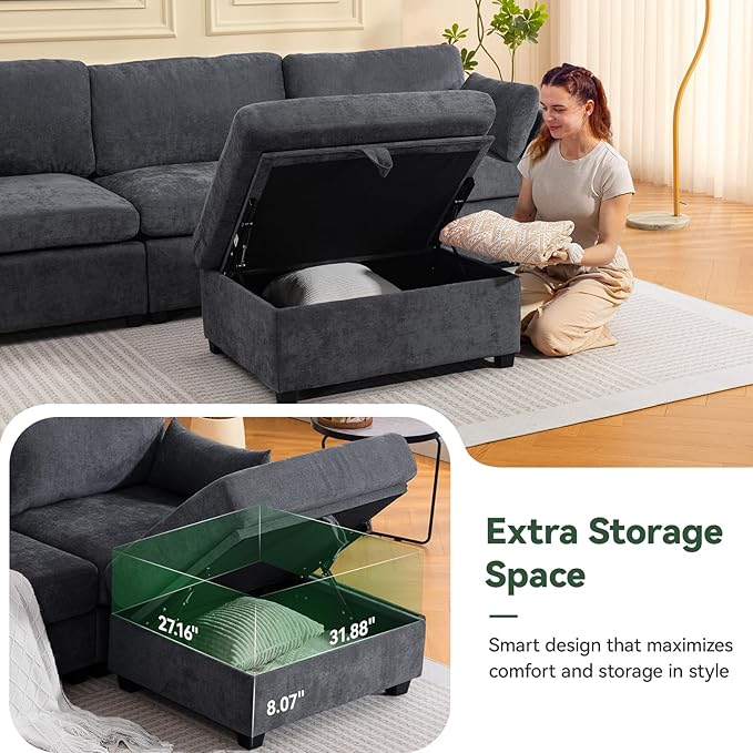 109'' Modular Sectional Sofa, L Shaped Couch with Storage Ottoman, Comfy Cloud Sofa with Deep Seat, 4 Seat Convertible Sectional Couches for Living Room (Gray, Low Legs 1.97")