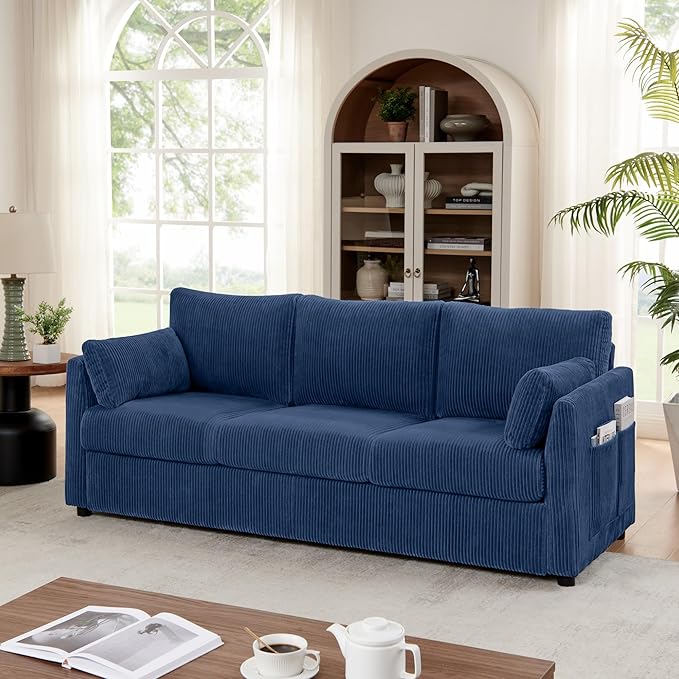 Sofa Set for Living Room Corduroy Couch Sets 3 Seater and Single Chair, Sofas for Apartment and Small Spaces (Blue, Sofa Set)