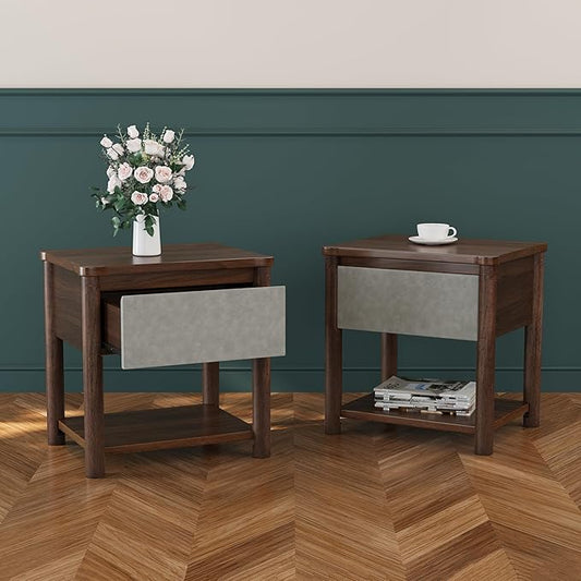 Christopher Knight Home Zeri Bedroom Nightstands Set of 2, Wood Nightstand with Drawers, Small Bedside Table Set of 2, End Table for Living Room, Multipurpose Storage Cabinet, Light Gray + Walnut