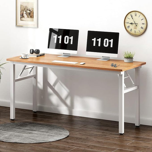 Need Folding Desk, 54 inch Large Computer Desk for Home Office, No Install Needed Study Student Writing Table Desk Workstation, Teak White