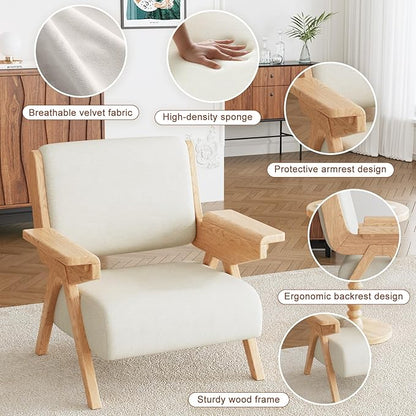 Mid Century Modern Accent Chair Set of 2, Fabric Upholstered Lounge Arm Chairs with Solid Wood Frame for Living Room, Bedroom, Office, Reading Corner(White)