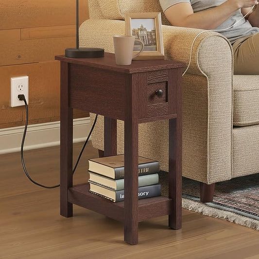 VASAGLE Narrow Side Table with Charging Station, Farmhouse End Table with Storage Drawer, Nightstand, Superfast Toolless Assembly, for Living Room, Bedroom, Saddle Brown ULET328K01