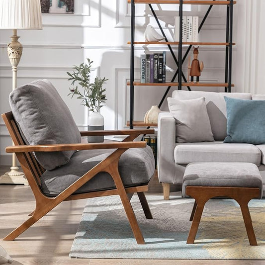 Wahson Set of 2 Mid Century Arm Chairs and Ottomans, Upholstered Accent Armchair with Wood Frame and Canvas Cushions, Leisure Slipper Chair for Living Room/Bedroom, Grey