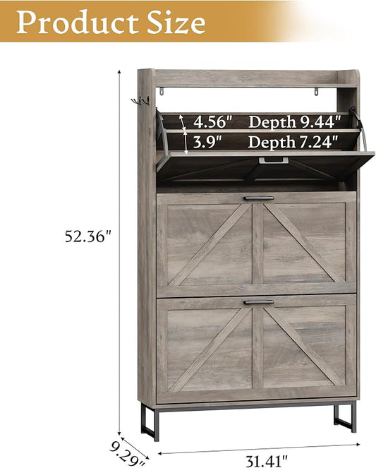 Shoe Cabinet Storage for Entryway, Shoe Storage Cabinet with 3 Flip Drawers, Freestanding Narrow Shoe Rack Organizer with Metal Legs & Side Hook for Foyer, Hallway, Grey