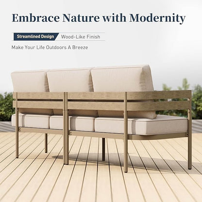 Metal Frame Outdoor Patio Sofa with Cushion, Wood-Like Patio Couch for Deck Balcony Front Porch