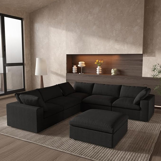 Cloud Couch Modular Sectional Sofa with Storage Ottomans,160.6" Down Filled 6 Seater Convertible Sectional Sofas,V Shaped Black Couch for Living Room,Covers Washable&Replaceable