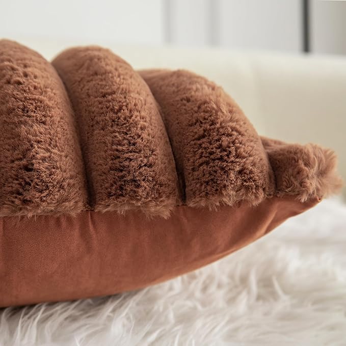 Neelvin Brown Faux Fur Cozy Soft Stripe Decorative Throw Pillow Covers 12x20 inch Set of 2,Velvet Pillowcase Cushion Case for Sofa Couch
