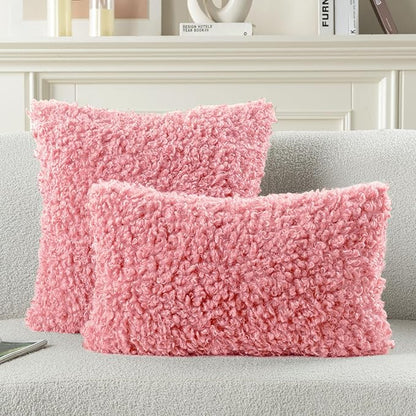 FUTEI Pink Decorative Throw Pillow Covers 20x20 Inch Set of 2,Soft Fluffy Faux Wool Fur Boucle Textured Cushion Case,Modern Home Decor for Couch Bed Living Room Office