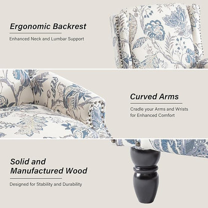 Recliner Chair, Upholstered Wingback Floral Pushback Armchair with Adjustable Backrest & Footrest, Comfy Accent Chair Reading Single Sofa for Small Spaces, Living Room, Bedroom (Plants Blue, Set of 1)