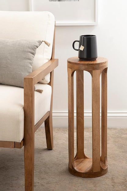 Kate and Laurel Dahl Wooden Round Drink Table; 8 x 23; Natural Brown; Transitional Boho Circle Wood Accent Pedestal Table for Living Room Plant Stand or Small Bedroom Nightstand