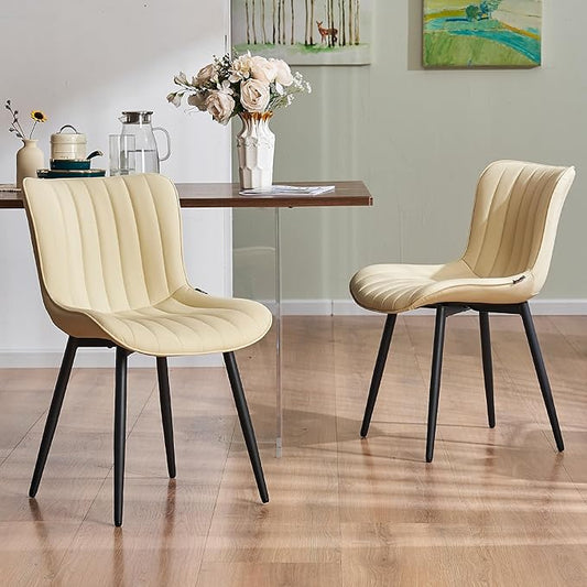 YOUNUOKE Mid-Century Modern Dining Chairs Set of 2, Beige PU Leather Upholstered Kitchen Chairs with Black Metal Legs, Armless Accent Chair for Dining Room, Guest Reception Room
