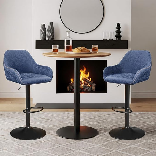 Yaheetech Bar Stools Set of 2, PU Leather Swivel Counter Height Barstools, Adjustable Bar Chairs with Backrest and Footrest, Kitchen Island Stool for Home Kitchen, Blue