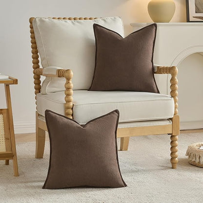 FUTEI Dark Coffee Chenille Throw Pillow Covers 22x22 Inch Set of 2,Edges Double-Stitched Cushion Cases,Modern Home Decor for Couch Living Room