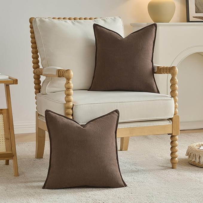 FUTEI Dark Coffee Chenille Throw Pillow Covers 24x24 Inch Set of 2,Edges Double-Stitched European Cushion Cases,Modern Home Decor for Couch Living Room