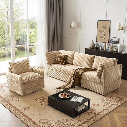 98" Modular Sectional Sofa Set with Swivel Chair, Modern Cloud Couch Plush Corduroy 3 Seater Deep Seat Sofas with Accent Armchair for Living Room Small Space, Beige