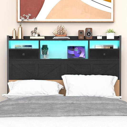 Queen Size Headboard with Drawers, Outlets & USB Ports,Sturdy Wood Bed Frame with Adjustable Height, Built-in LED Lighting (Black, Queen 59 * 7.08 * 45.7)