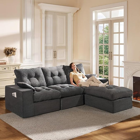 High Back Boneless Couch, L-Shaped Cloud Couch with Versatile 2-Pack Pillow Blankets, Corduroy Modular Sectional Sofa with Ottoman, No Assemble Sectional Couches for Living Room, Dark Grey