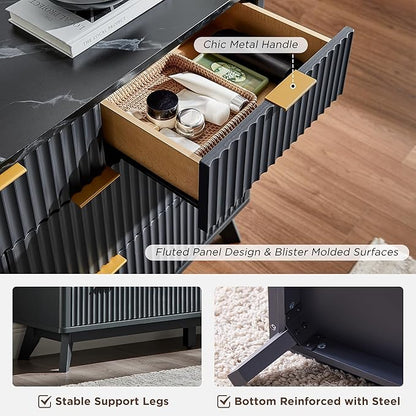 T4TREAM Fluted 7 Drawers Dresser, 54" Wide Modern Chest of Drawers with Faux Marble Top, Curved Profile Design, Dresser TV Stand, Wood Drawer Organizer for Bedroom, Living Room, Hallway, Dark Grey
