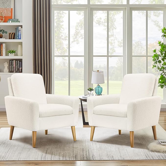 Lohoms White Accent Chair Set of 2 for Living Room, Fluffy Comfy Reading Leisure Chairs for Bedroom, White Teddy Upholstered Sherpa Armchair for Apartment, Small Boucle Sofa Chair with Wood Legs