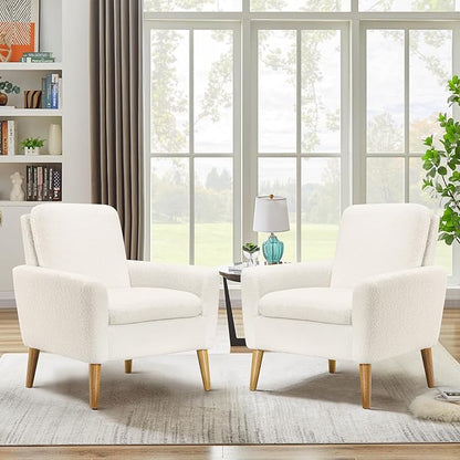 Lohoms Sherpa Accent Chair, Modern White Teddy Fabric Upholstered Comfortable Armchair, Comfy Reading Leisure Chairs for Bedroom, Living Room, Home Office, Small Sofa Chair with Wood Legs