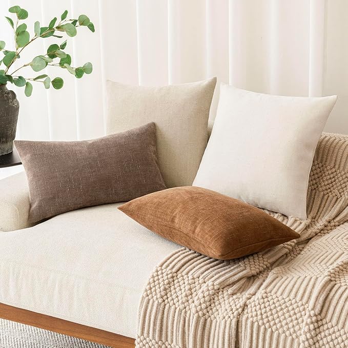 Foindtower Pack of 2 Soft Textured Chenille Throw Decorative Pillow Covers Square Accent Solid Cushion Cover Cozy Neutral Farmhouse Pillow Case for Couch Sofa Bedroom Living Room 16x16 Inch, Beige