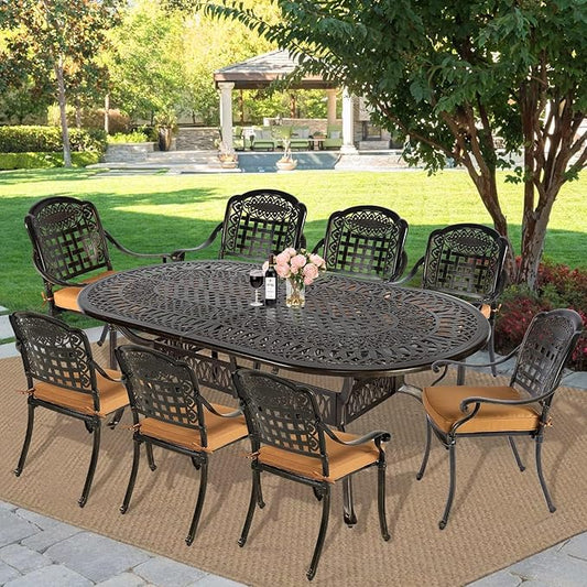 MEETWARM 9-Piece Patio Dining Set, All Weather Cast Aluminum Outdoor Dining Table Set with 1 Oval Table, 8 Chairs, 8 Cushions, 2" Umbrella Hole, Dark Bronze