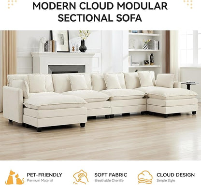 147'' Sectional Cloud Deep Seat Couch, Oversized Chenille U Shaped Sectional Sofa for Living Room Set, Comfy Upholstered Modular Sectional Sofa Couch with 2 Movable Ottoman, Beige