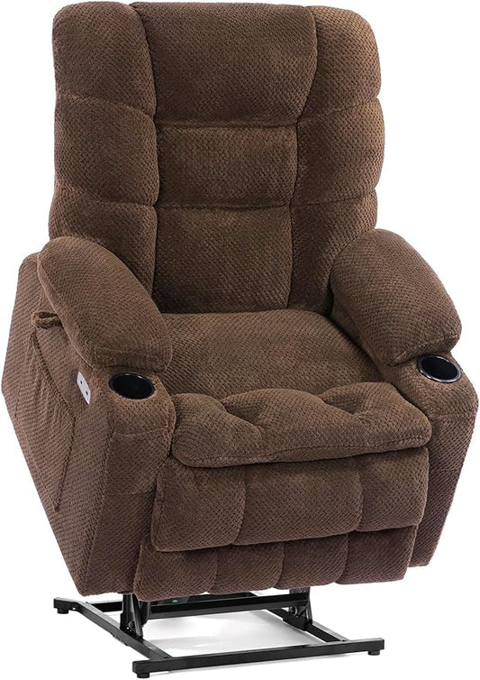 EONIX Dual Motor Lay Flat Power Lift Recliner Chair for Elderly and Adults with Cup Holders and Charging Ports, 400lbs Electric Power Recliner Lift Chair with Heat and Massage, Coffee, Brown