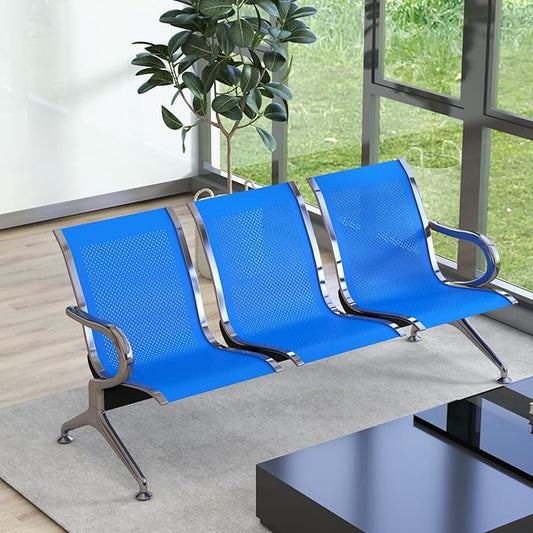 Kinsuite 2pcs 3-Seat Reception Chairs - Waiting Room Chairs with Arms & Stainless Steel Frame, Waiting Room Bench Lobby Chair for Office Airport Bank Hospital, Blue