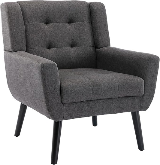 Dolonm Midcentury Modern Accent Chair with Arms, Upholstered Fabric Reading Side Chair Tufted Back Decorative Wingback Chair for Living Room Bedroom (Dark Grey)
